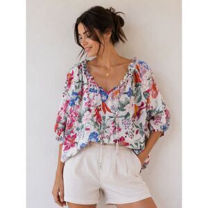 Hester & Orchard XL Linen Cotton Floral Peasant Blouse Boho Cottagecore Top